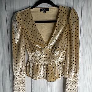 Lulus Chic Cream Upgrade Polka Dot Velvet Smocked Ruffle Top Blouse XS Coquette